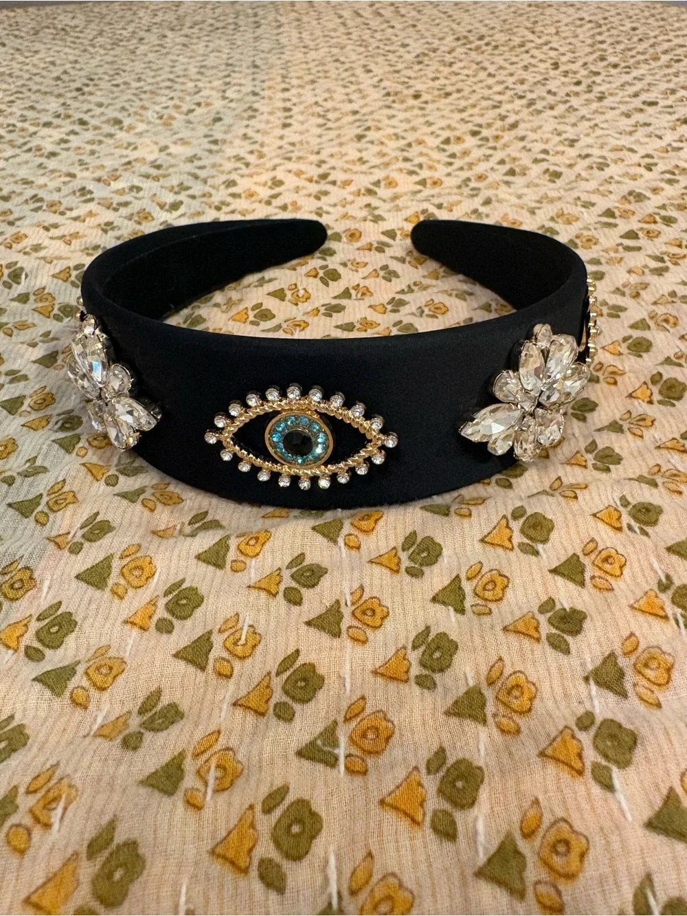 NWOT Boutique Embellished Black Satin Headband with Crystal Evil Eye Accent